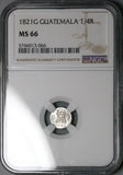 1821 NGC MS 66 Guatemala 1/4 Real Spain Colonial Silver Coin (24022401C)