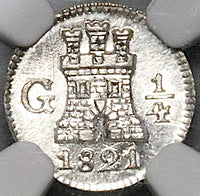 1821 NGC MS 66 Guatemala 1/4 Real Spain Colonial Lion Silver Coin (24070603C)