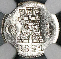 1821 NGC MS 66 Guatemala 1/4 Real Spain Colonial Lion Silver Coin (24070603C)