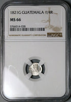 1821 NGC MS 66 Guatemala 1/4 Real Spain Colonial Lion Silver Coin (24070603C)