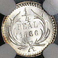 1866 NGC MS 66+ Guatemala 1/4 Real Lion GEM Mint State Silver Coin POP 1/2 (20032304D)