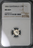 1866 NGC MS 66+ Guatemala 1/4 Real Lion GEM Mint State Silver Coin POP 1/2 (20032304D)