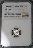 1866 NGC MS 66+ Guatemala 1/4 Real Lion GEM Mint State Silver Coin POP 1/2 (20032304D)