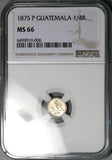 1875-P NGC MS 66 Guatemala 1/4 Real Volcanos Sun Gem Silver Coin (25081001C)