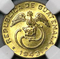 1943 NGC MS 64 Guatemala 1 Centavo Quetzal Bird Key Date Coin (24101501C)