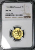 1943 NGC MS 64 Guatemala 1 Centavo Quetzal Bird Key Date Coin (24101501C)