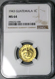 1943 NGC MS 64 Guatemala 1 Centavo Quetzal Bird Key Date Coin (24101501C)