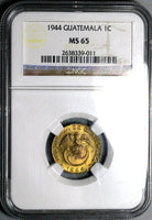 1944 NGC MS 65 Guatemala 1 Centavo Quetzal Bird Maya Mint State Coin (23122001C)