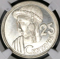 1951 NGC MS 63 Guatemala 25 Centavos Maya Girl 11k RARE Silver Coin (23051601C)