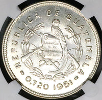1951 NGC MS 63 Guatemala 25 Centavos Maya Girl 11k RARE Silver Coin (23051601C)