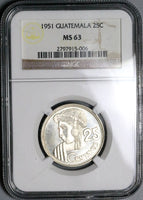 1951 NGC MS 63 Guatemala 25 Centavos Maya Girl 11k RARE Silver Coin (23051601C)