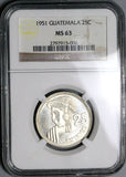 1951 NGC MS 63 Guatemala 25 Centavos Maya Girl 11k RARE Silver Coin (23051601C)