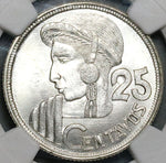1951 NGC MS 66 Guatemala 25 Centavos Maya Girl Rare 11k Silver Coin POP 3/0 (25072302C)