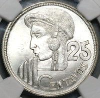 1951 NGC MS 66 Guatemala 25 Centavos Maya Girl Rare 11k Silver Coin POP 3/0 (25072302C)