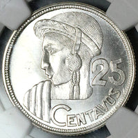 1951 NGC MS 66 Guatemala 25 Centavos Maya Girl Rare 11k Silver Coin POP 3/0 (25072302C)