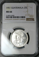 1951 NGC MS 66 Guatemala 25 Centavos Maya Girl Rare 11k Silver Coin POP 3/0 (25072302C)