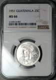1951 NGC MS 66 Guatemala 25 Centavos Maya Girl Rare 11k Silver Coin POP 3/0 (25072302C)
