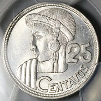 1956 PCGS MS 64 Guatemala 25 Centavos Maya Girl Mint State Silver Coin (25040502C)