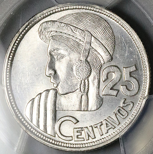 1956 PCGS MS 64 Guatemala 25 Centavos Maya Girl Mint State Silver Coin (25040502C)