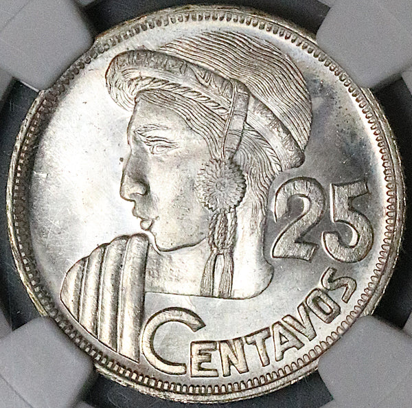 1959 NGC MS 64 Guatemala 25 Centavos Maya Girl Mint State Silver Coin (23110602C)