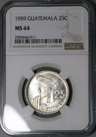 1959 NGC MS 64 Guatemala 25 Centavos Maya Girl Mint State Silver Coin (23110602C)