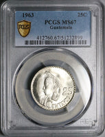 1963 PCGS MS 67 Guatemala 25 Centavos Maya Girl Gem Mint State Silver Coin (25032401D)