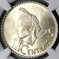 1964 NGC MS 64+ Guatemala 25 Centavos Maya Girl Gem Mint State Coin (25061803C)
