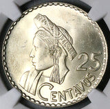 1964 NGC MS 64+ Guatemala 25 Centavos Maya Girl Gem Mint State Coin (25061803C)