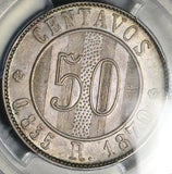 1870 PCGS UNC Guatemala 50 Centavos Sun Volcanoes Silver Coin (26070301D)