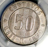 1870 PCGS UNC Guatemala 50 Centavos Sun Volcanoes Silver Coin (26070301D)