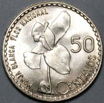 1962 Guatemala 50 Centavos BU White Nun Orchid Flower Silver Coin (23081601R)