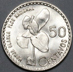 1963 Guatemala 50 Centavos BU White Nun Orchid Flower Silver Coin (23081602R)