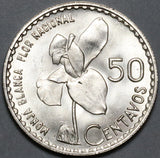 1963 Guatemala 50 Centavos BU White Nun Orchid Flower Silver Coin (23081602R)