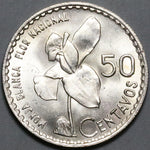 1963 Guatemala 50 Centavos BU White Nun Orchid Flower Silver Coin (23081603R)