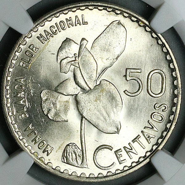 1963 NGC MS 64 Guatemala 50 Centavos White Nun Orchid Flower Silver Coin (23092201C)