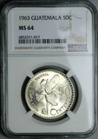 1963 NGC MS 64 Guatemala 50 Centavos White Nun Orchid Flower Silver Coin (23092201C)