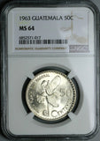 1963 NGC MS 64 Guatemala 50 Centavos White Nun Orchid Flower Silver Coin (23092201C)
