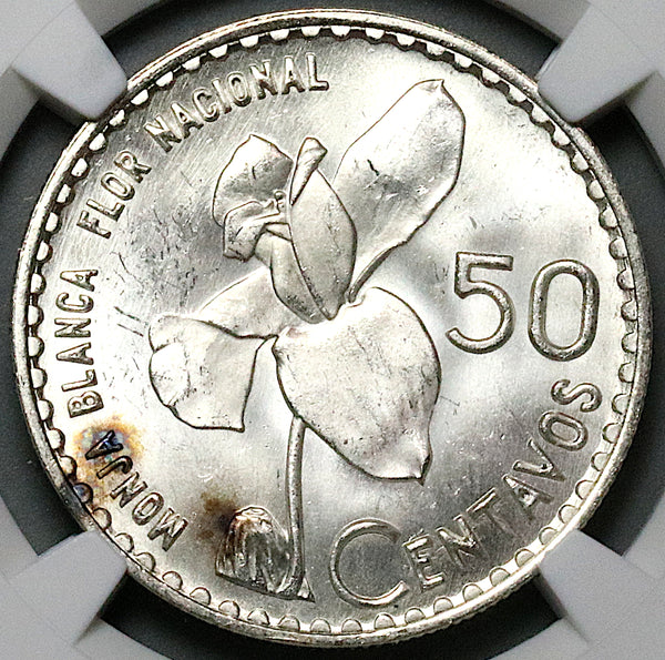 1963 NGC MS 65 Guatemala 50 Centavos White Nun Orchid Flower Silver Coin (23092202C)