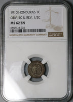 1910 NGC MS 62 Honduras 1 Centavo Mule with 5 Centavos and 1/2 Centavo Coin KM 67 (23090402D)