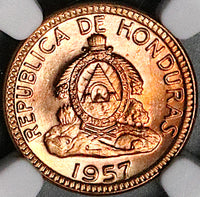 1957 NGC MS 66 RD Honduras 1 Centavo de Lempira Red Coin (24012102C)