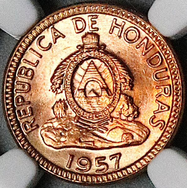 1957 NGC MS 66 RD Honduras 1 Centavo de Lempira Red Coin (24012102C)