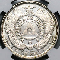 1888/7 NGC AU 55 Honduras 1 Peso Standing Liberty Overdate Silver Coin (24010901C)