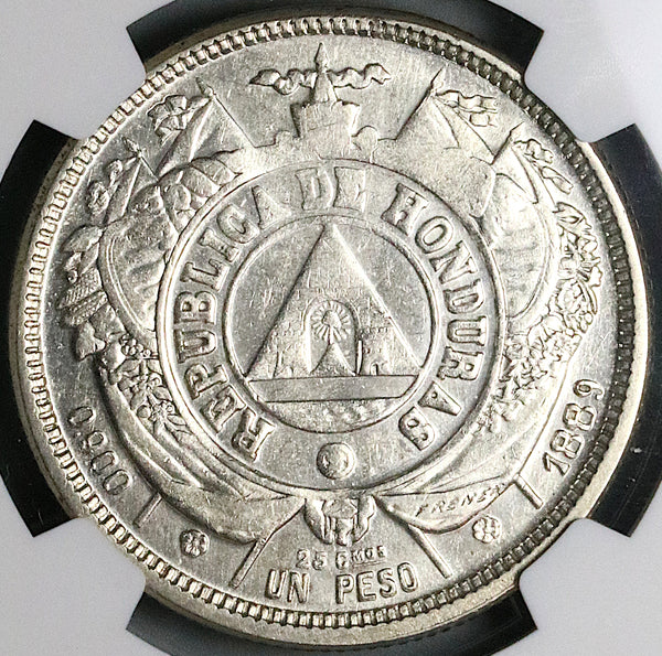 1889 NGC AU 55 Honduras 1 Peso Standing Liberty Silver Coin POP 2/0 (23090401D)