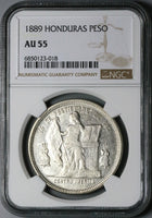 1889 NGC AU 55 Honduras 1 Peso Standing Liberty Silver Coin POP 2/0 (23090401D)