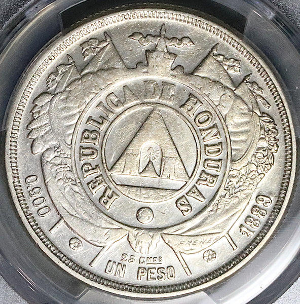 1889/8 PCGS AU Honduras 1 Peso Overdate Standing Liberty Silver Coin (23111101C)
