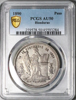 1890 PCGS AU 50 Honduras 1 Peso Standing Liberty Silver Coin POP 1/5 (25031801C)