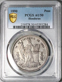 1890 PCGS AU 50 Honduras 1 Peso Standing Liberty Silver Coin POP 1/5 (25031801C)