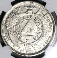 1892/0 NGC MS 62 Honduras 1 Peso Overdate Standing Liberty Silver Coin (25061801C)
