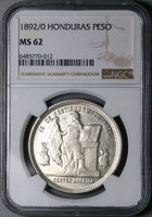 1892/0 NGC MS 62 Honduras 1 Peso Overdate Standing Liberty Silver Coin (25061801C)