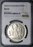 1892/0 NGC MS 62 Honduras 1 Peso Overdate Standing Liberty Silver Coin (25061801C)